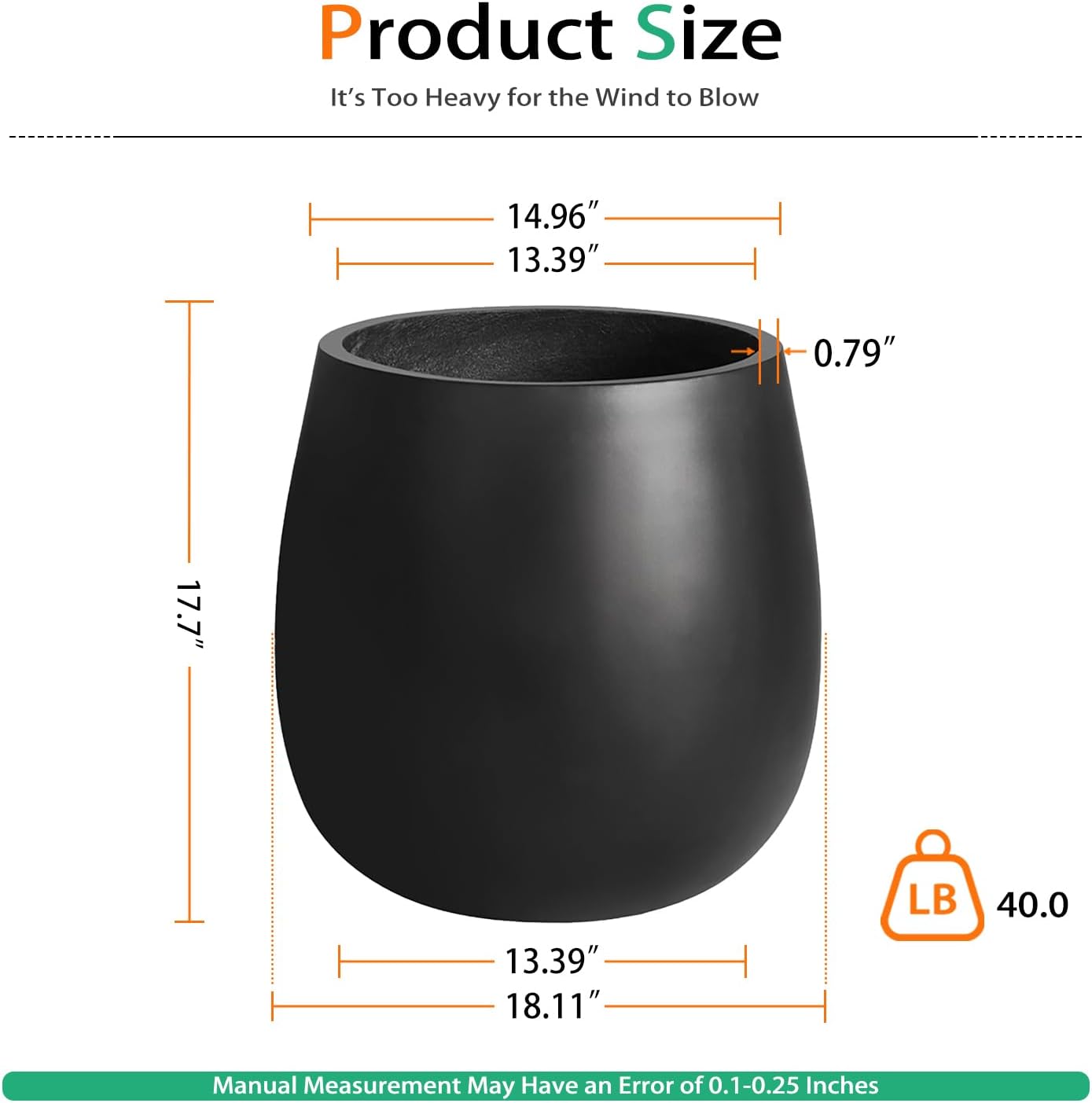 Oval Concrete Planters for Outdoor Plants, Large Tall Cement Flower Pots Indoor for Garden, Front Porch, Patio (Black, 18.5 inch)