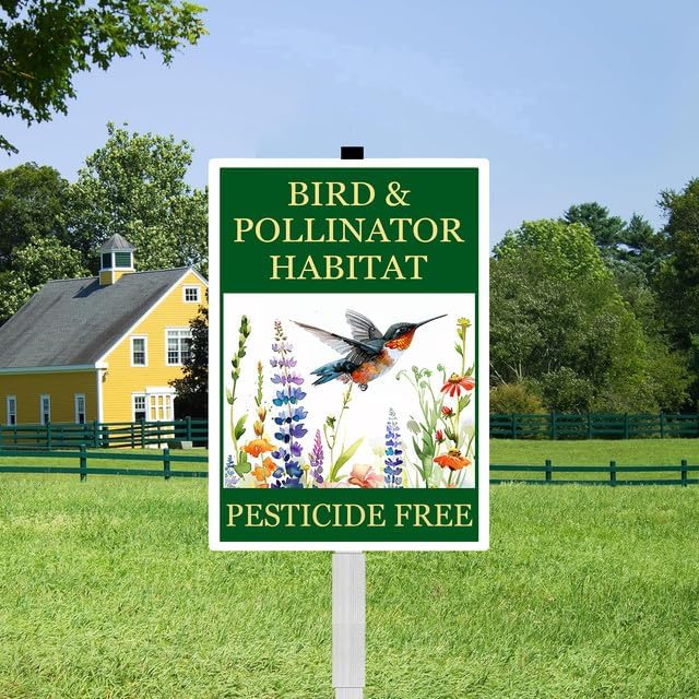 Bird and Pollinator Habitat Pesticide Free Yard Sign With Stakes 7x9.8inches Rustproof Reflective Aluminum Pollinator Friendly Garden Sign Stand Hummingbird Outdoor Decor