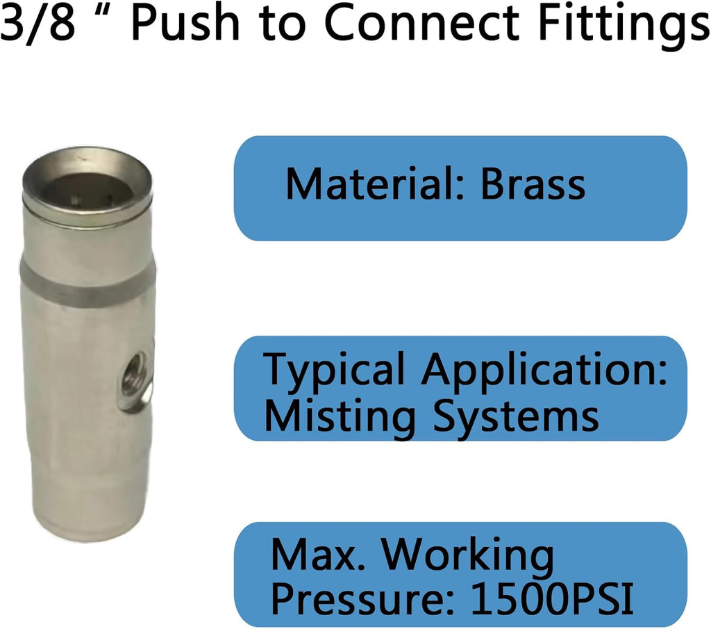 Slip Connectors for High Pressure Misting System, 3/8" Brass Misting Nozzle Connectors, Push to Connect Fittings for 3/16" Threaded Mister Nozzles 5 pcs