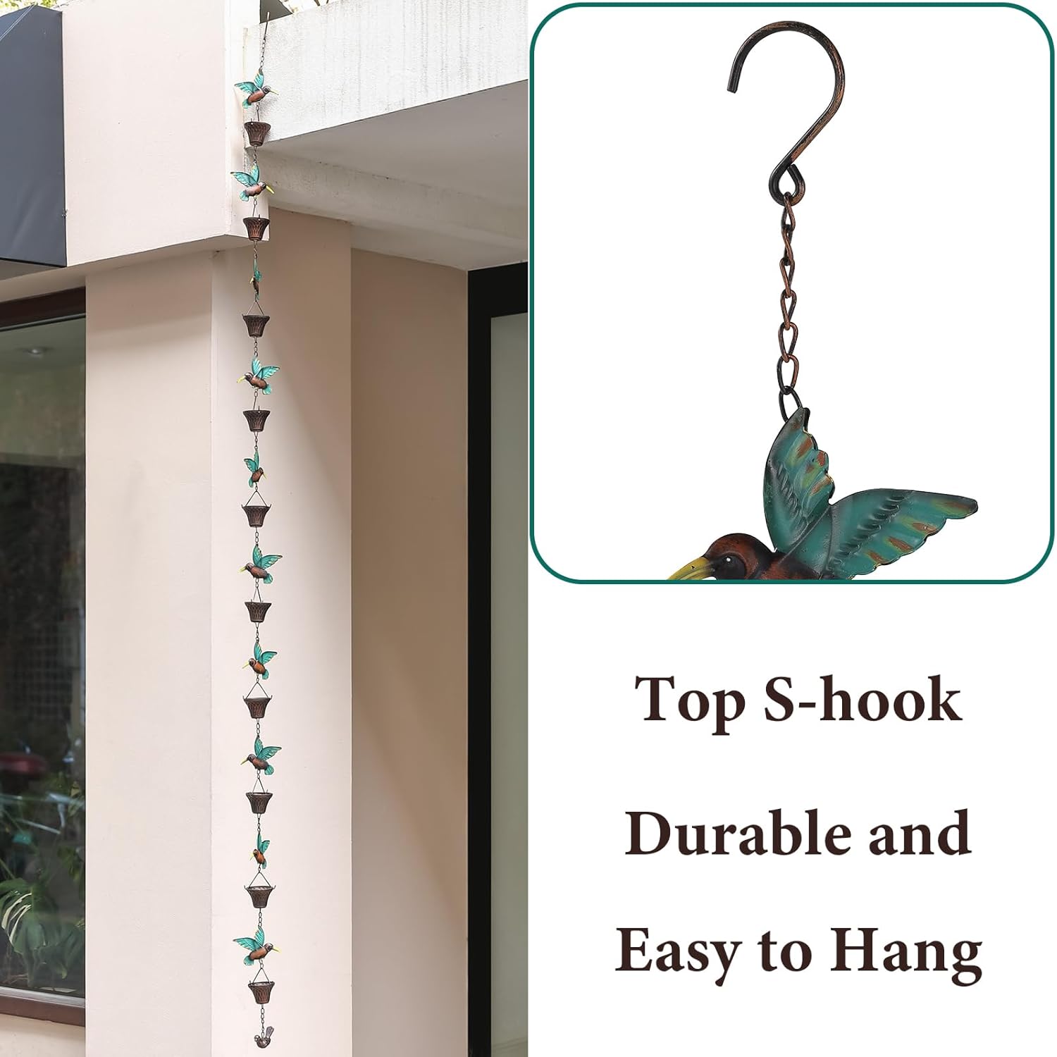 8.5FT Rain Chain, Hummingbird and Cup Rain Chains for Gutters and Downspouts, Metal Decorative Rainwater Catcher Chain, Antique Copper Rain Gutter Downspout Chains for Outside Garden