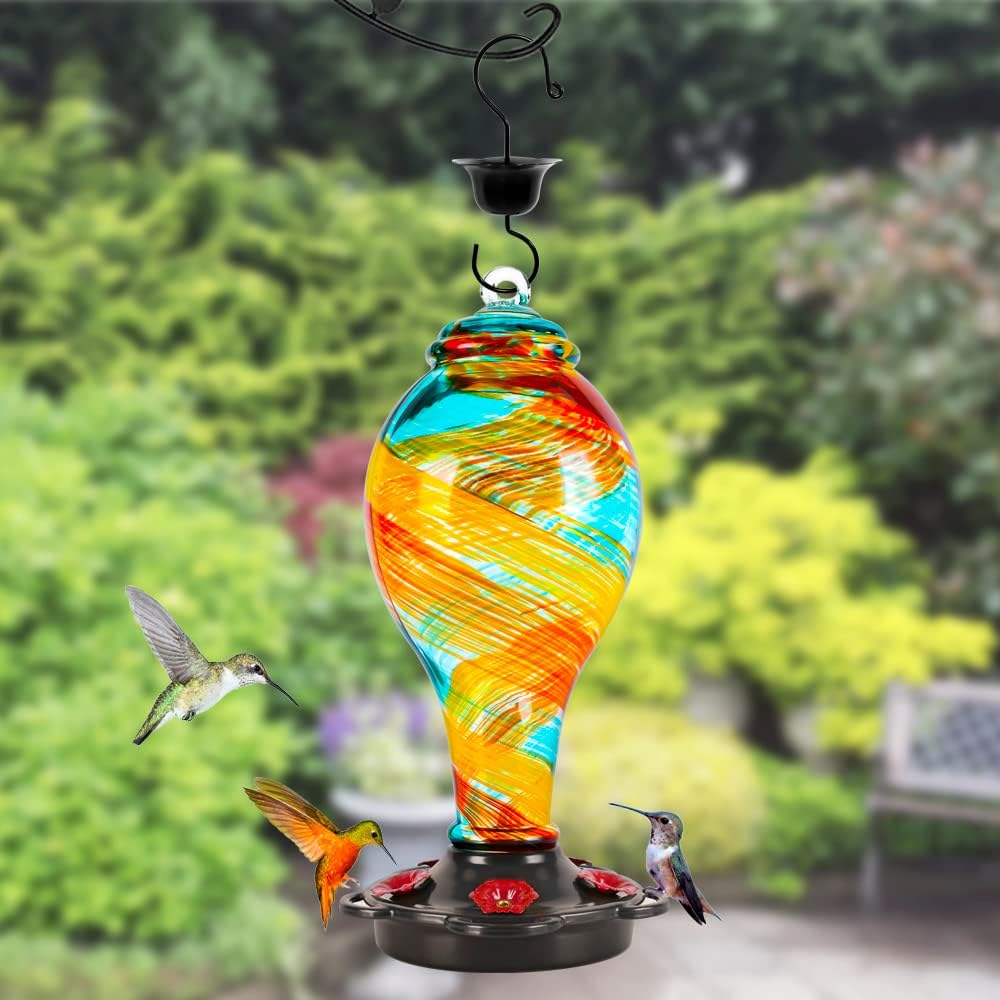 LUJII Hand Blown Glass Hummingbird Feeder for Outdoors Hanging with Ant Moat, 36 fl.oz, Leak Proof & Rustproof, Metal Base with 5 Feeding Ports & 5 Perches, Unique Garden & Backyard Decor (Ribbon)