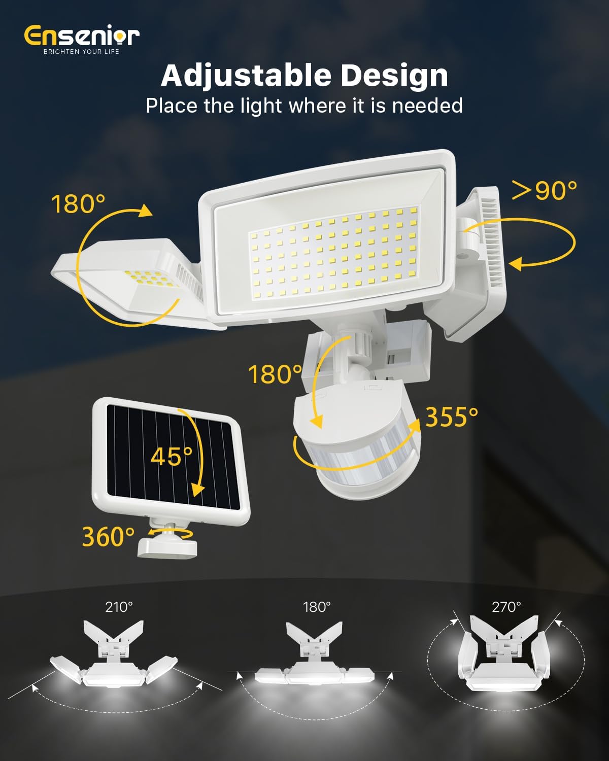 Ensenior 1800LM Solar Flood Lights Outdoor, Motion Sensor Outdoor Light 6500K, IP65 Waterproof, Separate Solar Panel, Solar Security Light with 5 Sensor Modes and 3 Adjustable Head for Yard (White)