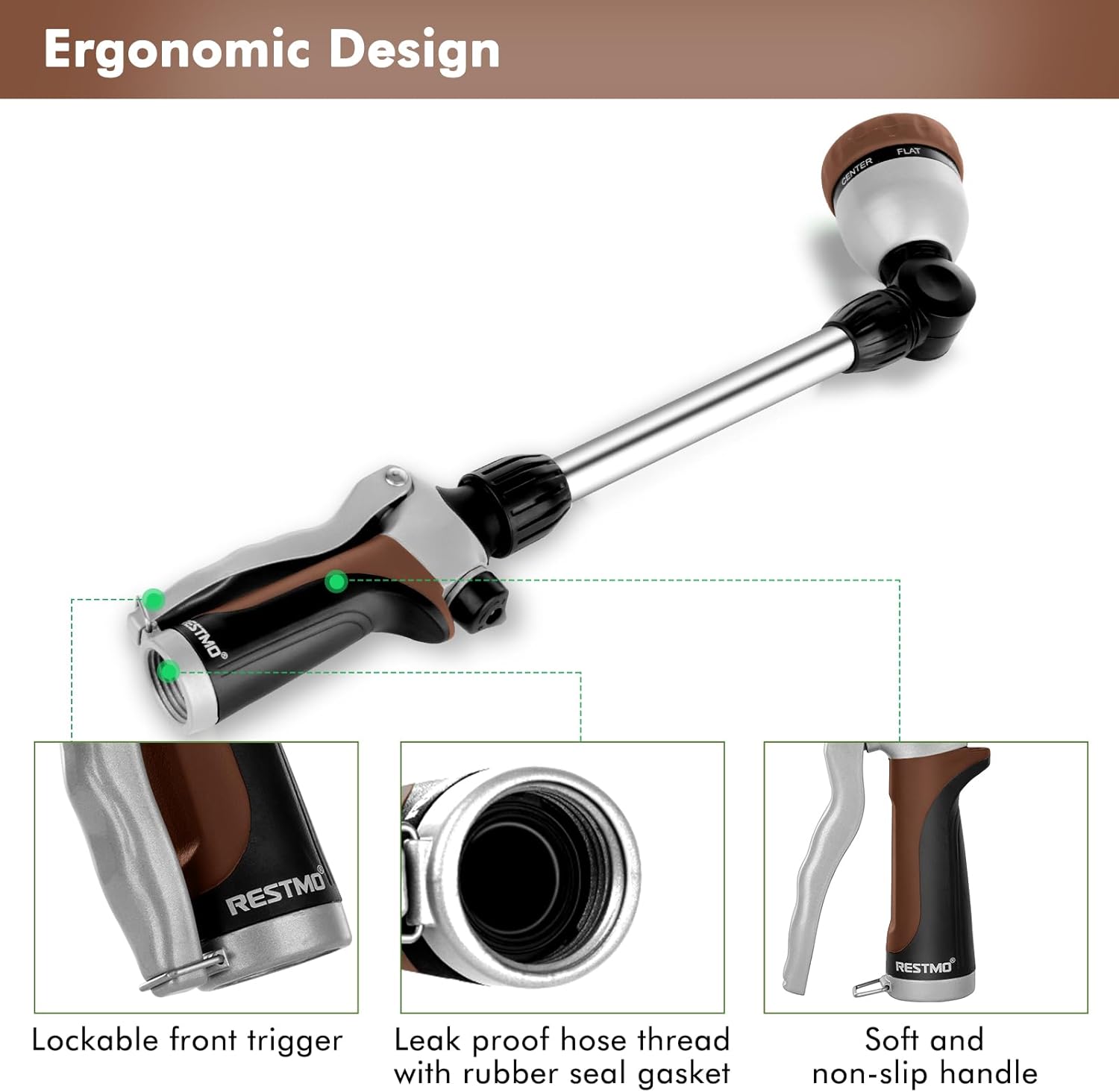 RESTMO Metal Watering Wand, Heavy Duty Garden Hose Wand with 180° Swivel Ratcheting Head, 16'' Hose Nozzle Sprayer with 7 Spray Patterns and Flow Control, for Water Hanging Baskets and Shrubs, Brown