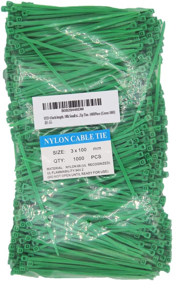 4 Inch Green Zip Ties (1000 Pieces), 18lb Strength, Nylon Cable Wire Ties