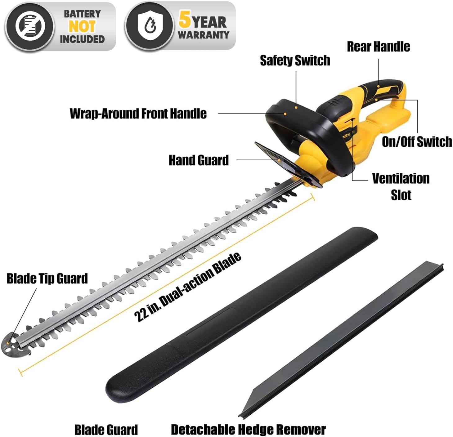 MaxMore Cordless Hedge Trimmer, Compatible with DeWALT 20V Max Battery (Tool Only) Electric Brushless Hedge Shear with 22-Inch Blade & 1500RPM Speed & Safety Lock, Lightweight & Handheld for Lawn Yard