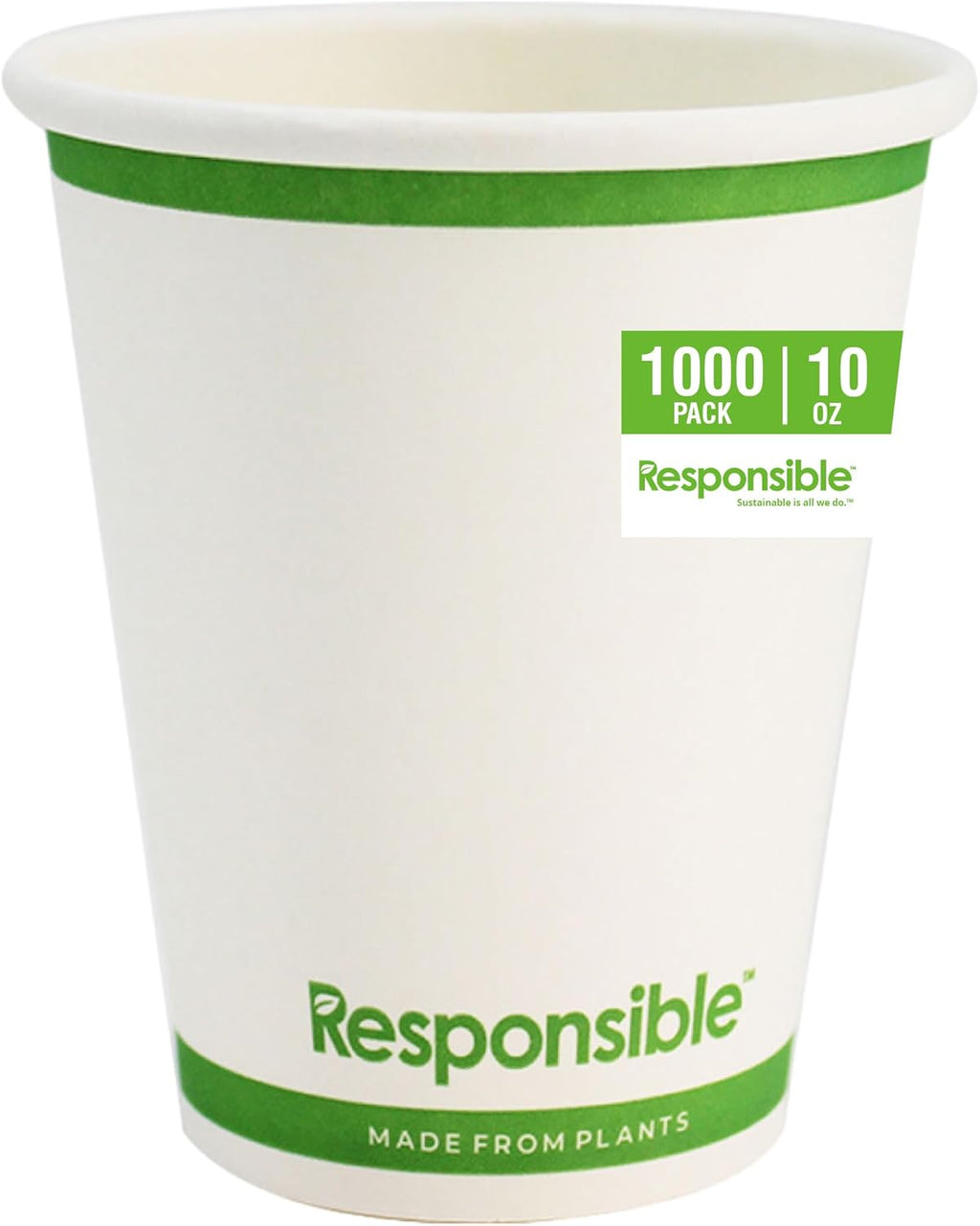 10 oz Paper Hot Cups, Tree-Less™ Compostable Paper Coffee Cups, Extra Strength, Tree-Free and Made Without PFAS, White (1000 Count)
