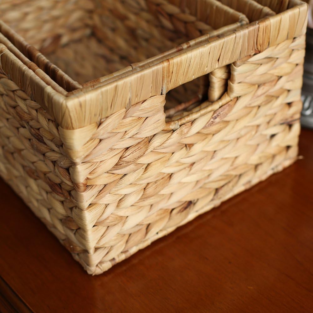 Basket Box Woven Natural Water hyacinth Rectangular with Handle,Kingwillow.(Small)