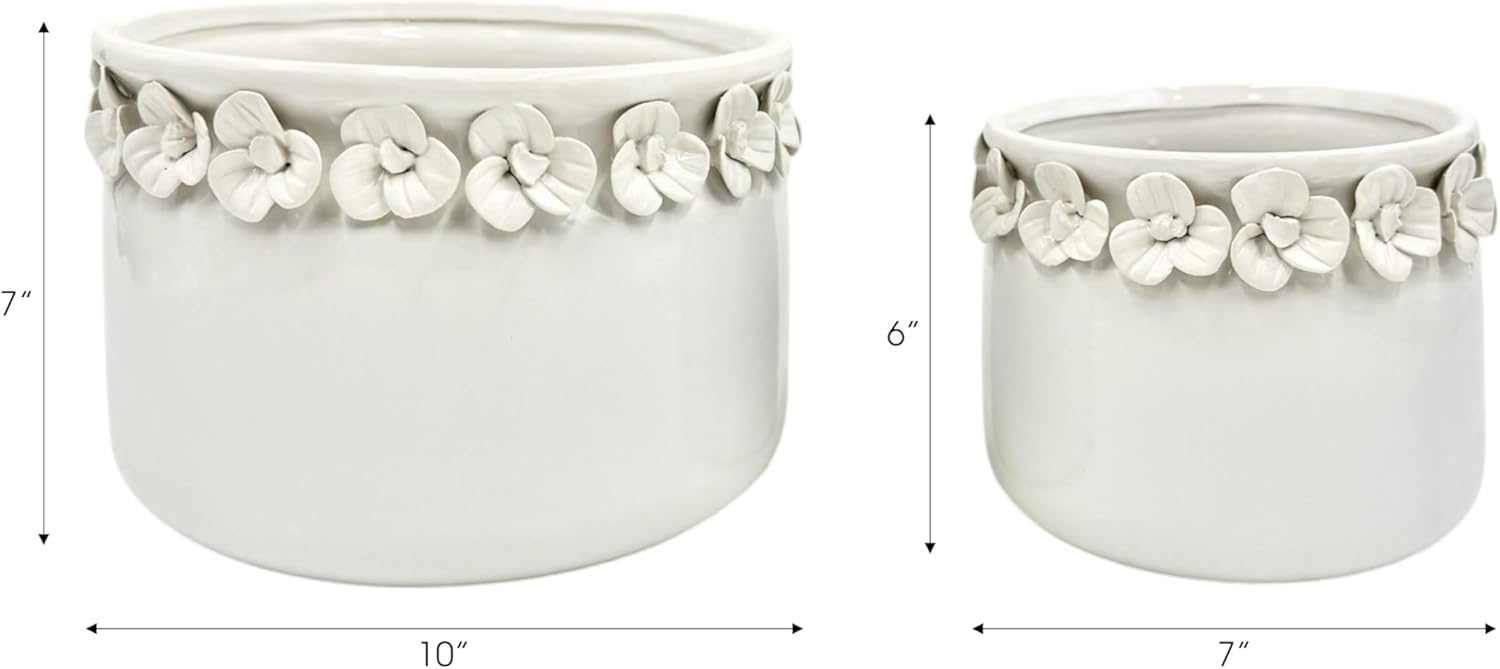 Decorative Flower Pot for Home Decor – Ceramic Indoor or Outdoor Planter with Sculpted Floral for Succulents or Houseplants – Pot for Plants for Garden, Patio, or Room Decor; Set of 2 – 7", 6" White