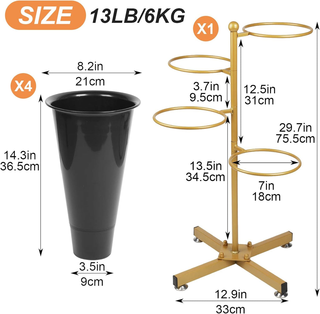 Flower Display Stand with 4 Bucket,Floral Stand with Foldable Frame for Silk Fresh Flowers,4 Tier Florist Shelf Plant Cart for flower shop Garden Living Room,Easy to Install (Gold Shelf+ Black Bucket)