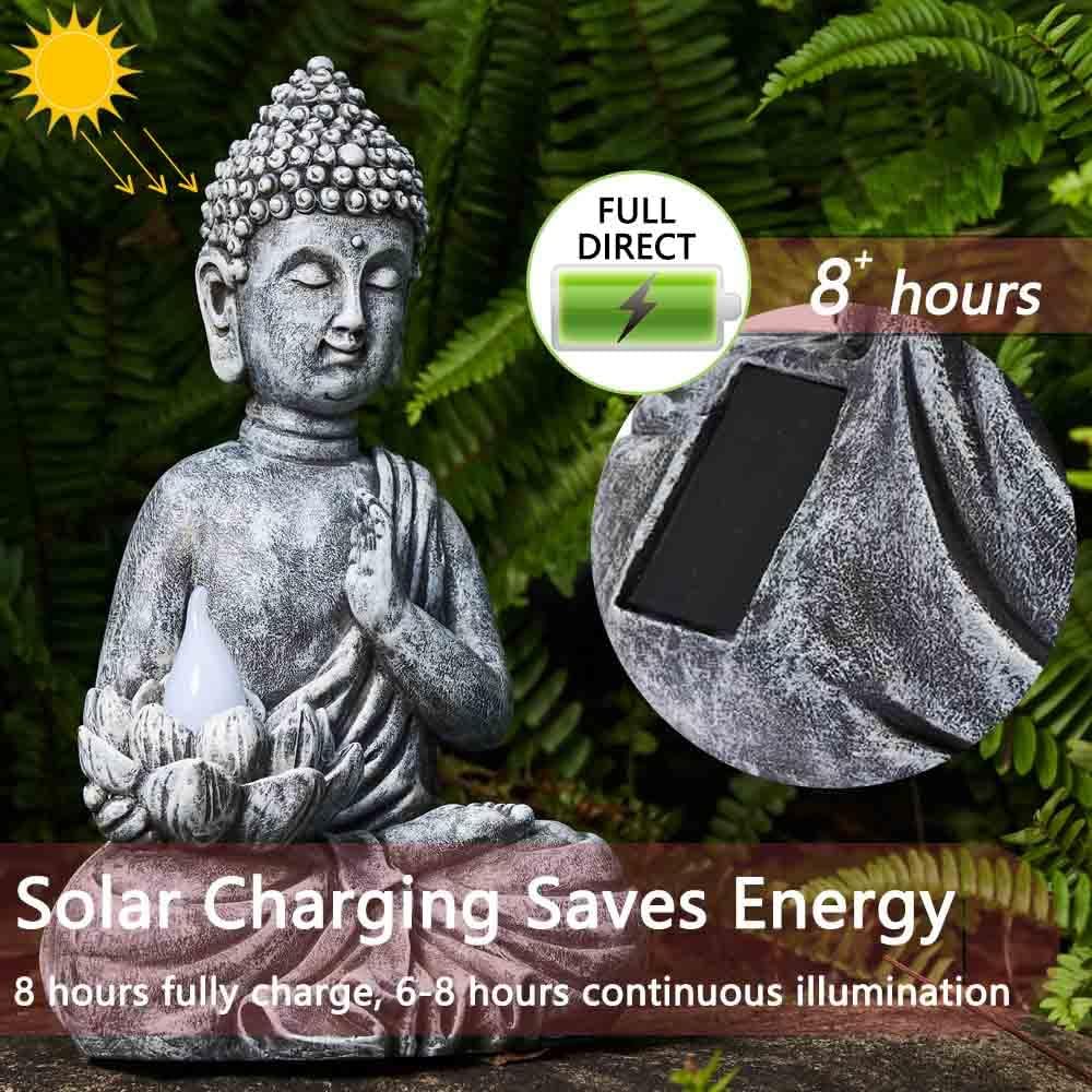 Solar Buddha Statue - Outdoor Zen Sculpture With Flickering LED Lotus Light - Waterproof Garden Decor Gift - 11.81 Inch