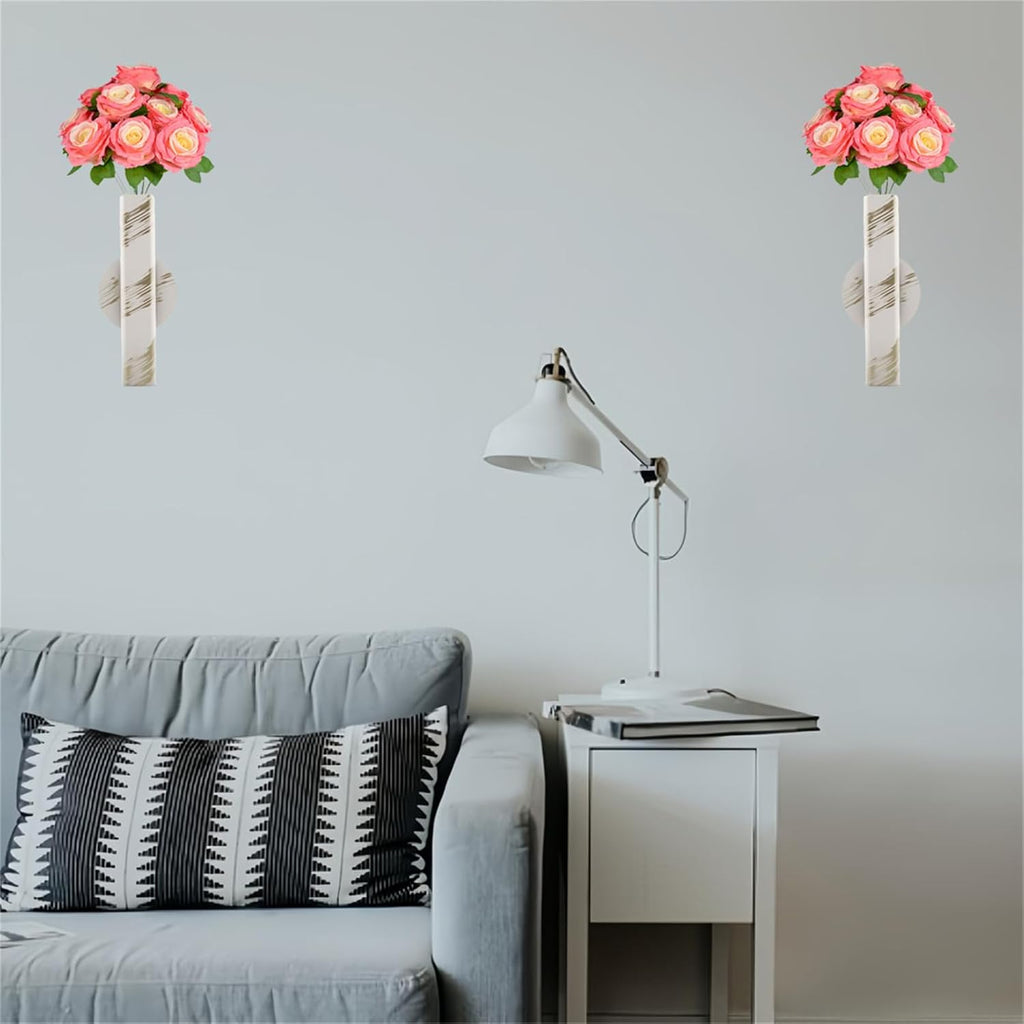 Self Adhesive Wall Vase Metal Tube Decoration Holder Used to Display Dried Flower, Faux Flowers, Fake Flowers, Also Suitable for Cemetery Memorial Decoration (2 Pcs White Gold Stripe)
