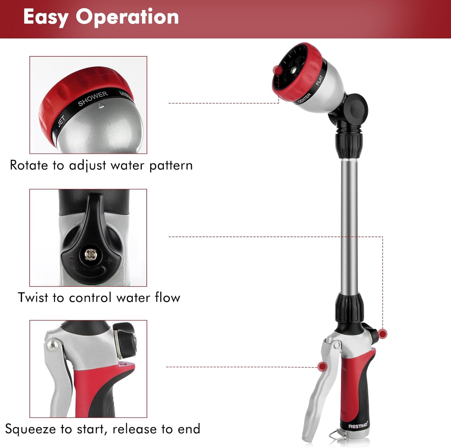 RESTMO Metal Watering Wand, Heavy Duty Garden Hose Wand with 180° Swivel Ratcheting Head, 16'' Hose Nozzle Sprayer with 7 Spray Patterns and Flow Control, for Water Hanging Baskets and Shrubs, Red