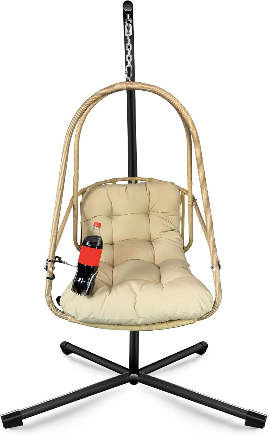 JESE Swing Egg Chair with Stand Foldable Frame Hanging Chairs for Indoor Outside,with UV Resistant Waterproof Cushion and Cup Holder,Swing Hammock Chairs for Patio,Bedroom,Balcony, Garden-350lbs Khaki