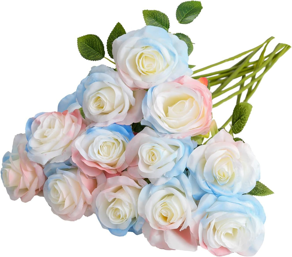 Pink Blue Mix Artificial Roses Fake Flowers Not Bend The Peduncle with Stems for DIY Wedding Bouquets Bridal Shower Centerpieces Arrangements Tables Decorations 24pcs