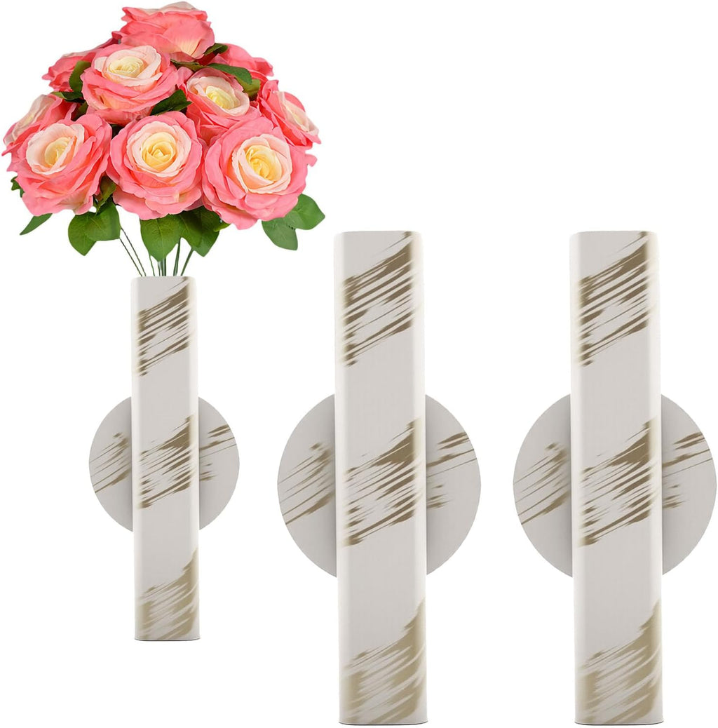 Self Adhesive Wall Vase Metal Tube Decoration Holder Used to Display Dried Flower, Faux Flowers, Fake Flowers, Also Suitable for Cemetery Memorial Decoration (2 Pcs White Gold Stripe)