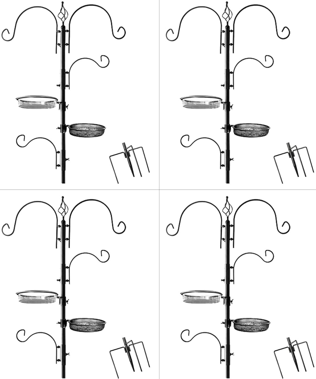 Ashman Deluxe Bird Feeding Station (4 Pack) Bird Feeders for Outside - Multi Feeder Pole Stand Kit with 4 Hangers, Bird Bath and 3 Prong Base for Attracting Wild Birds - 22 Inch Wide x 92 Inch Tall.