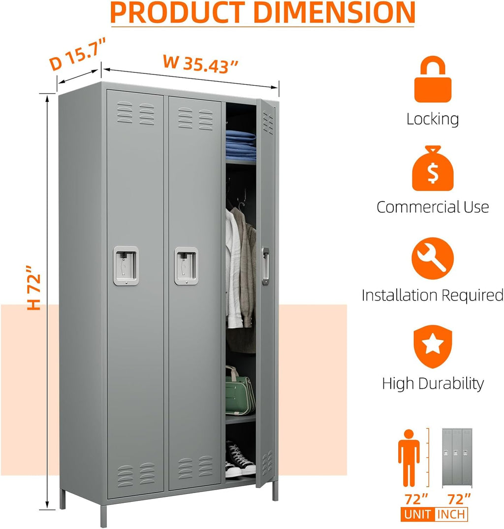 METAN Metal Locker for School Office Gym Bedroom,3 Doors Steel Storage Locker Cabinet for Employees,Industrial Storage Locker with 2 Shelves,Assembly Required (3 Door-Light Gray)