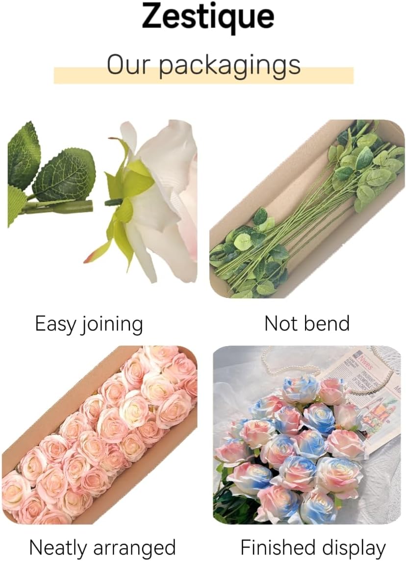 Pink Blue Mix Artificial Roses Fake Flowers Not Bend The Peduncle with Stems for DIY Wedding Bouquets Bridal Shower Centerpieces Arrangements Tables Decorations 24pcs