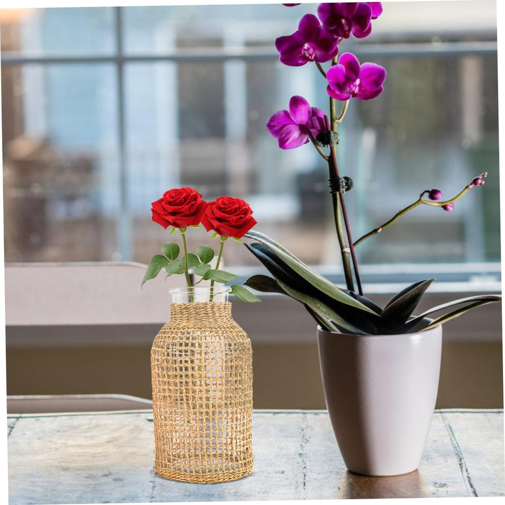 DOITOOL Glass Flower Vase with Rattan Cover, Round Decorative Flower Vase Woven Seagrass Vase Farmhouse Vase Floral Container for Floral Arrangement Table Centerpiece Decor (Size L)