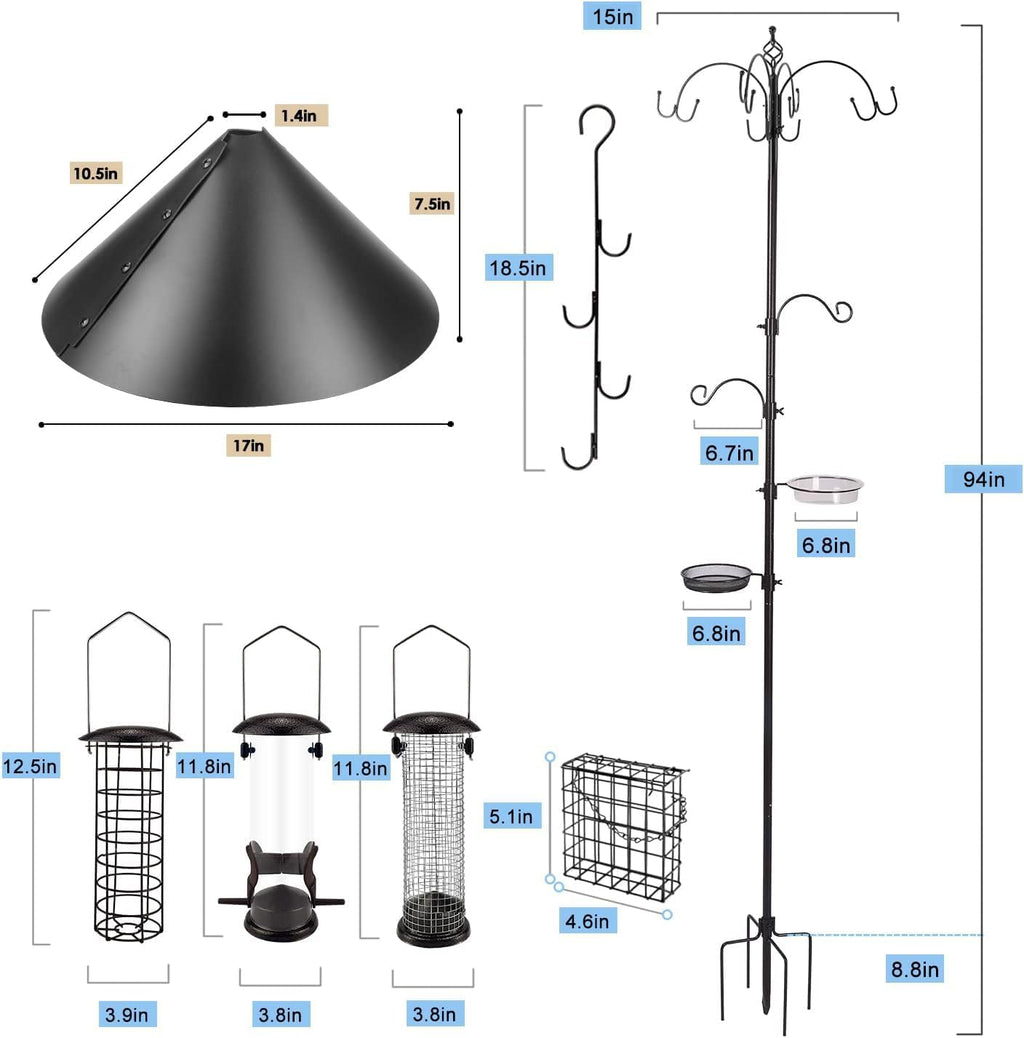 Bird Feeding Station Kit with Squirrel Baffle Bird Feeder Pole with Suet Cage Mesh Tray Fruit Hook Double W Hook for Attracting Wild Birds and Hanging Planter Hanger Lights