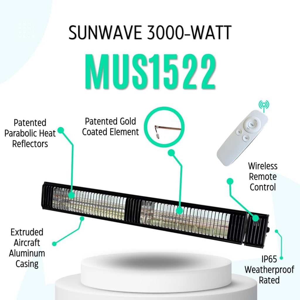 Commercial SunWave 3000 Watt Infrared Patio Heater Tungsten Ultra Quartz Low Glare with Remote control and 3 power levels, 11,028 BTU Max output By Muskoka Lifestyle Products USA (Silver)