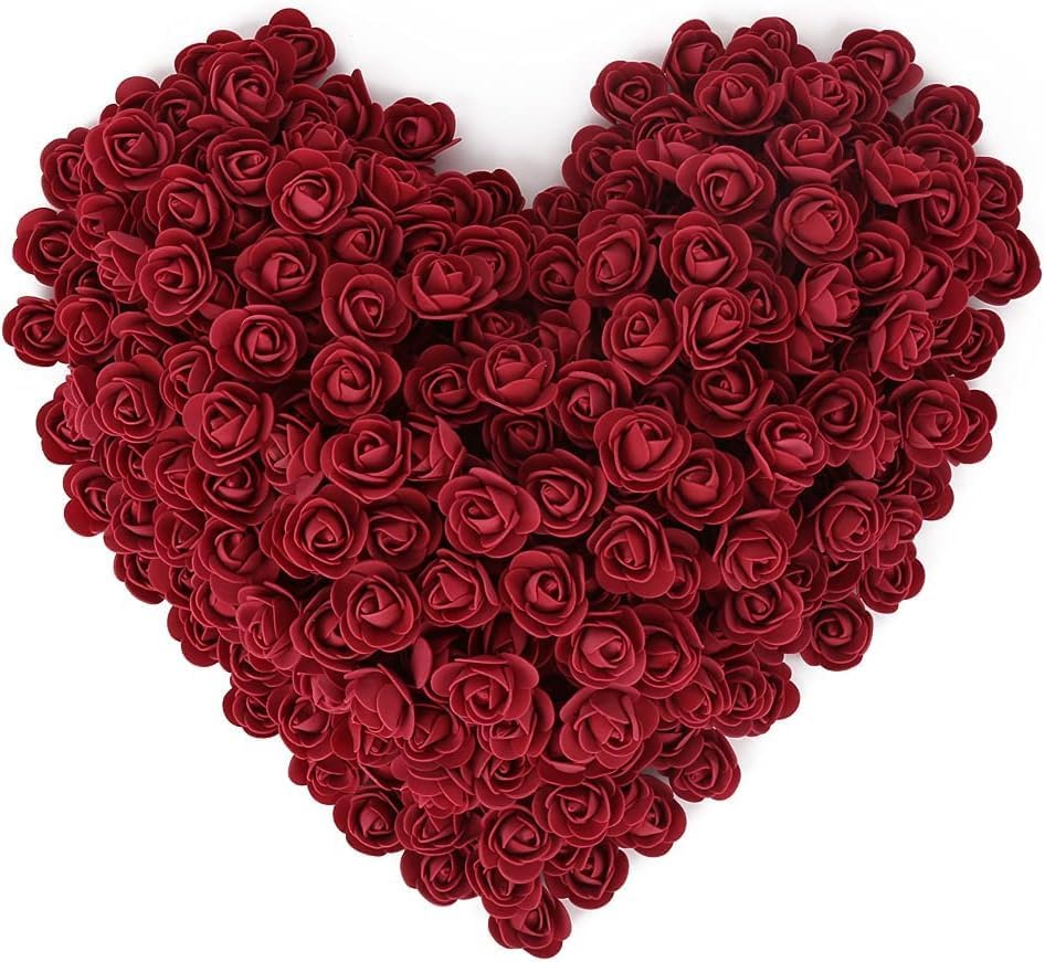 Mini Fake Rose Flower Heads 144pcs Mini Artificial Foam Roses DIY Wedding Flowers Accessories Make Bridal Hair Clips Headbands Dress (Bottom add Gauze) for Valentines Day,Wedding,Bridal (Burgundy)