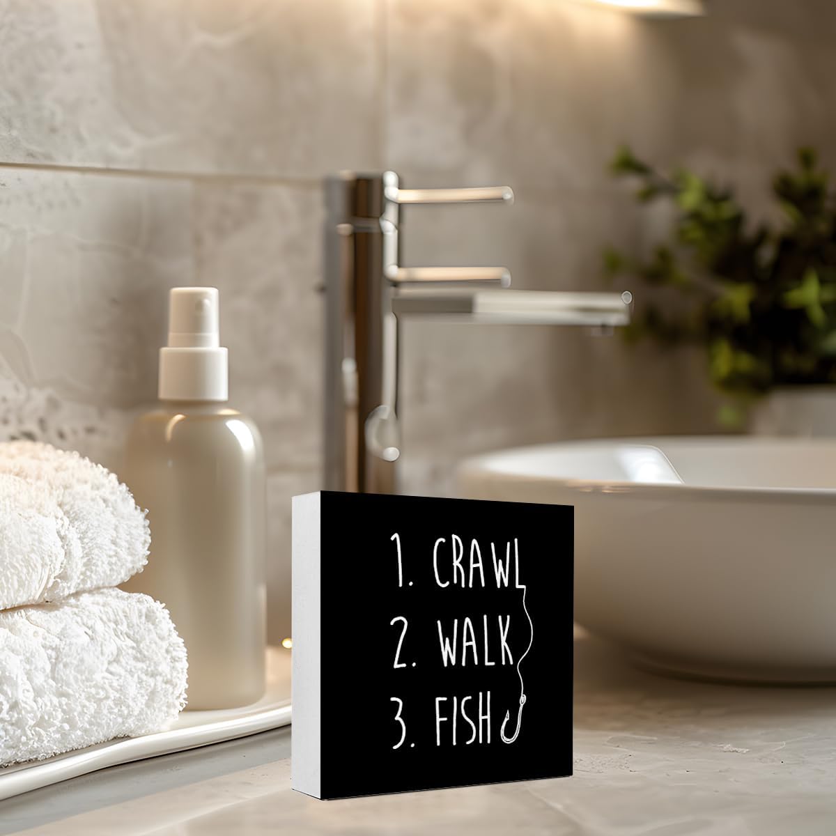 Black Crawl Walk Fish Rustic Wooden Sign, Funny Baby Fishing Wood Block Desk Decor for Home Bedroom Baby Room Shelf Table