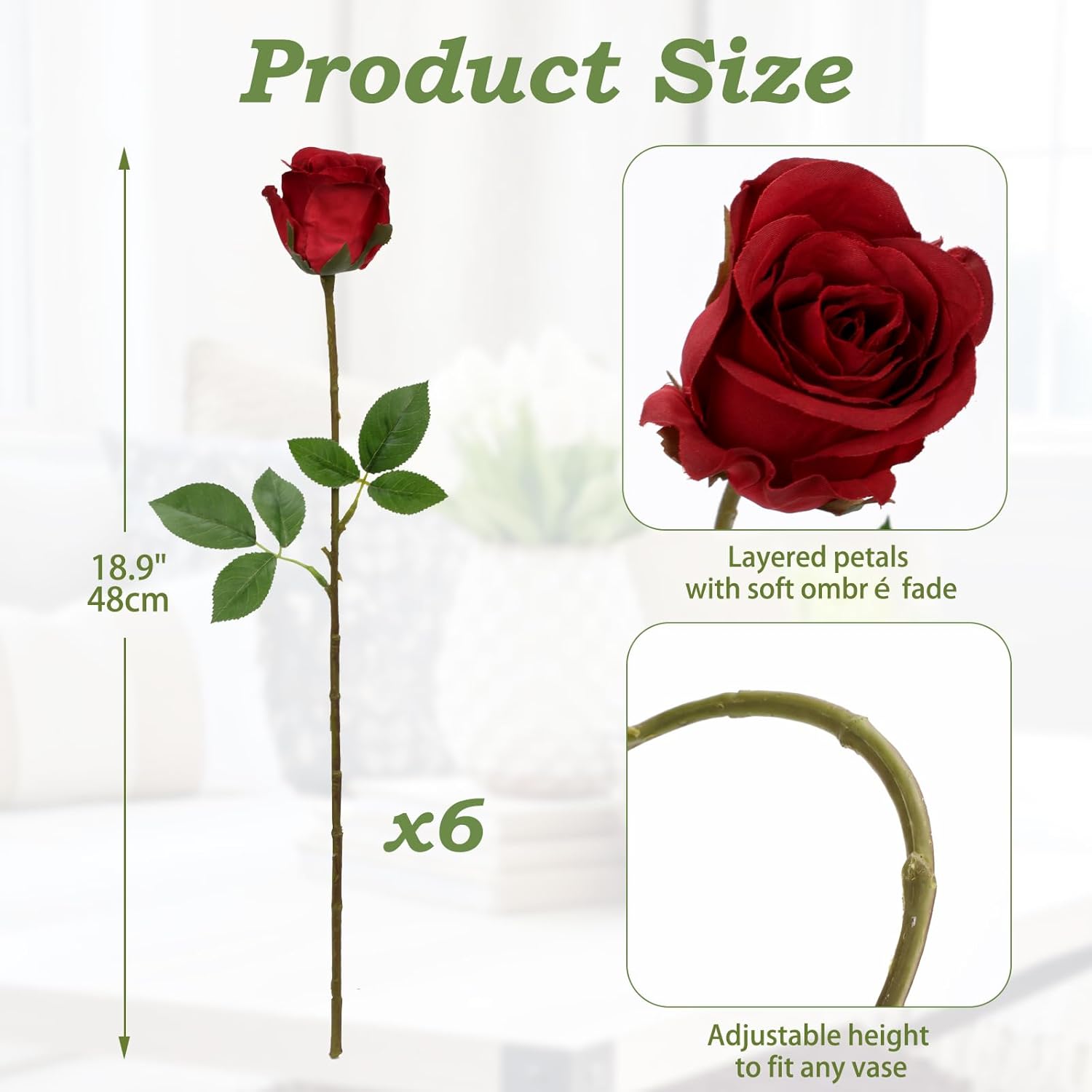 Briful Red Artificial Roses – 6PCS 18.9" Silk Rose Faux Flowers with Long Stems Realistic Fake Rose Bouquet for DIY Wedding Arrangements Table Vase Centerpieces Home Event Decor