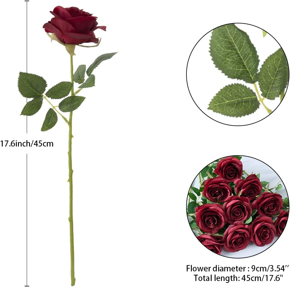 12pcs Roses Artificial Flowers Fake Roses Burgundy Silk Roses Wine Red Silk Flowers Rose with Long Stems for Wedding Home Party Centerpieces Decorations