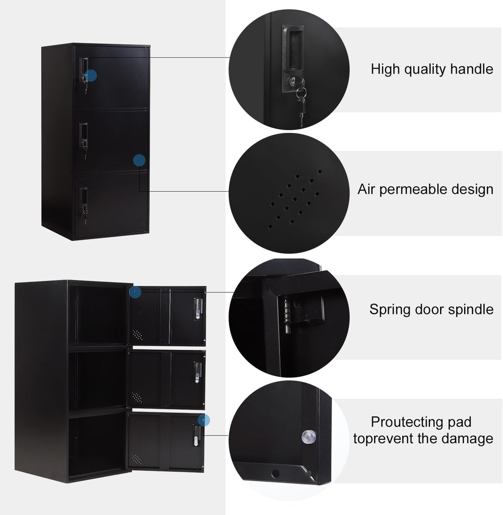 3 Door Metal Vertical Storage Locker for School, Office, Home,Gym,Stackable Steel Storage Cabinet with Lock,Anti-Falling Device. (3 Door, Black)