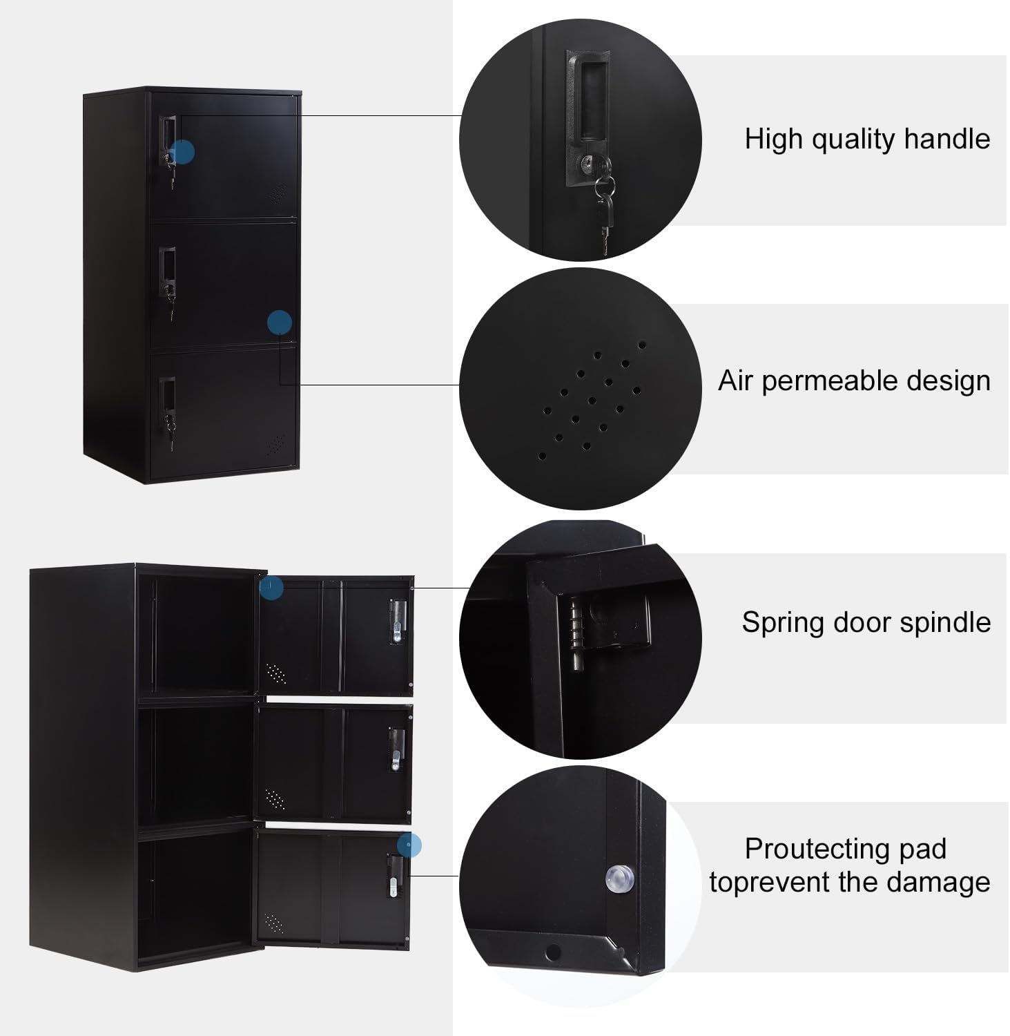 3 Door Metal Vertical Storage Locker for School, Office, Home,Gym,Stackable Steel Storage Cabinet with Lock,Anti-Falling Device. (3 Door, Black)