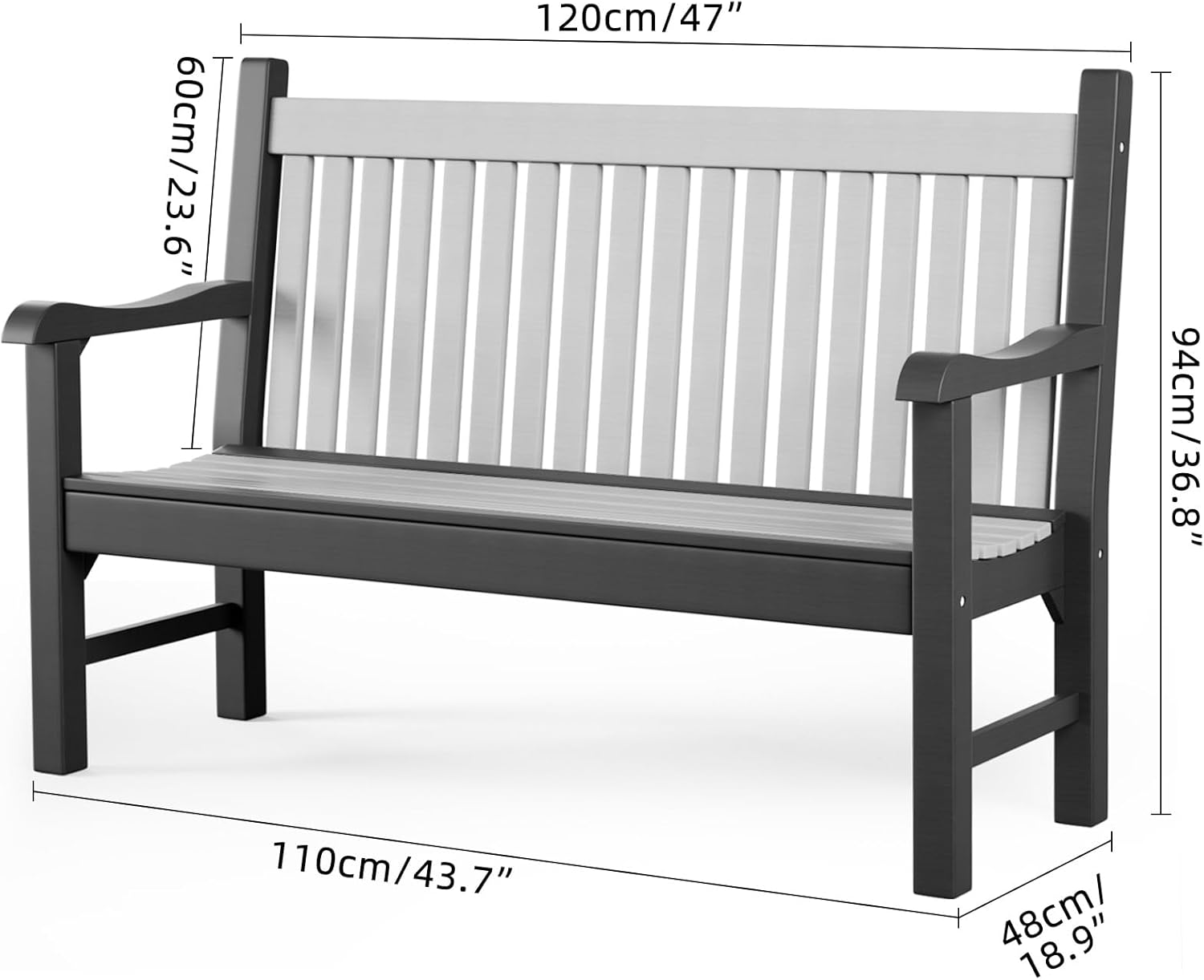 Garden Bench HDPS,Outdoor Benches Weatherproof with 660 lbs Weight Capacity, All-Weather Fade/Rot Resistant Patio Bench for Park, Front Porch, Backyard (Grey+White)