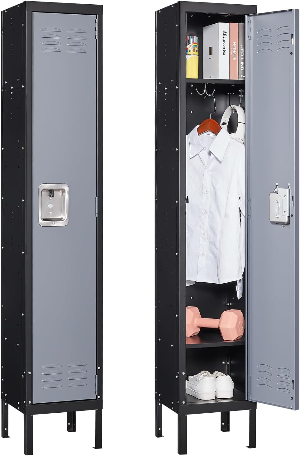 Metal Locker for Home, Dressing Room, Gym, 65.98" Steel Storage Lockers for Employees, Lockable Locker Cabinet with 1 Door (Grey Black)