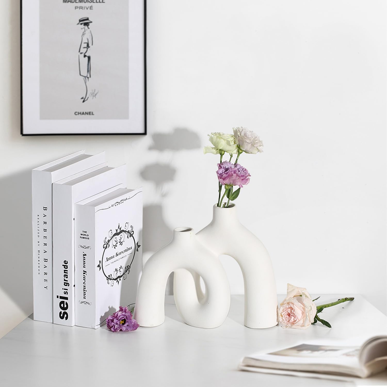 CEMABT Modern Nordic Boho Vase Set - Elegant White Matte Ceramic Home Decor for Living Room, Bookshelf, Mantel, Entryway Table & Console Décor | Shelf Decorations Gift