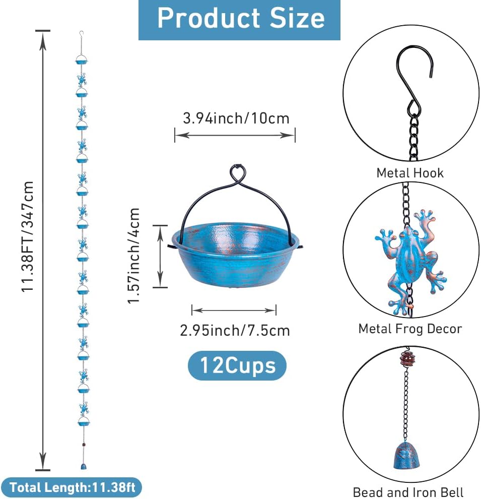 Rain Chain, 11.4FT Frog Rain Chains with 12 Cups, Functional and Decorative Replacement Downspout Rain Chains for Outside