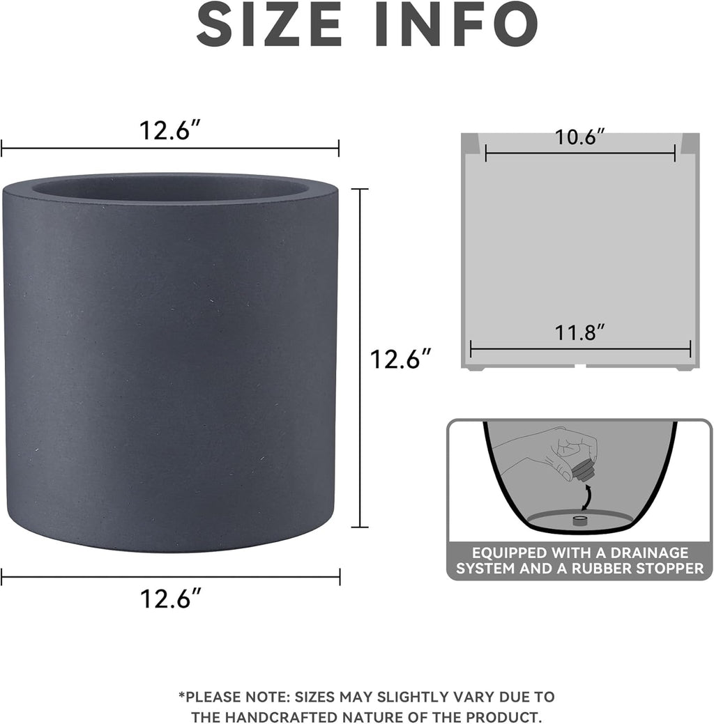 Kante 12.6" Dia Round Concrete Planter, Modern Style Large Cylindrical Plant Pot with Drainage Hole and Rubber Plug for Indoor Outdoor Patio, Dark Gray
