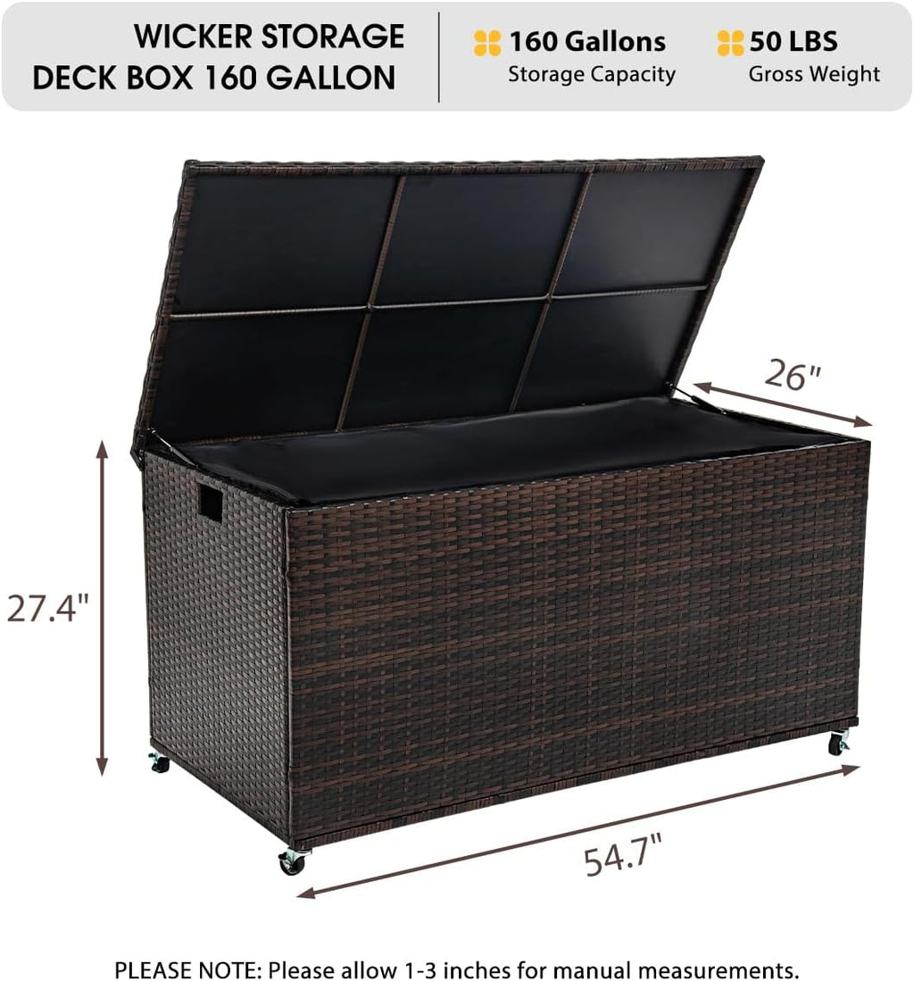 Outdoor 170 Gallon Water-Resistant Wicker Storage Box with Wheels, PE Rattan Deck Box with Waterproof Liner for Outside, Patio Storage Container with Hinged Lid, Horizontal Bin, Brown