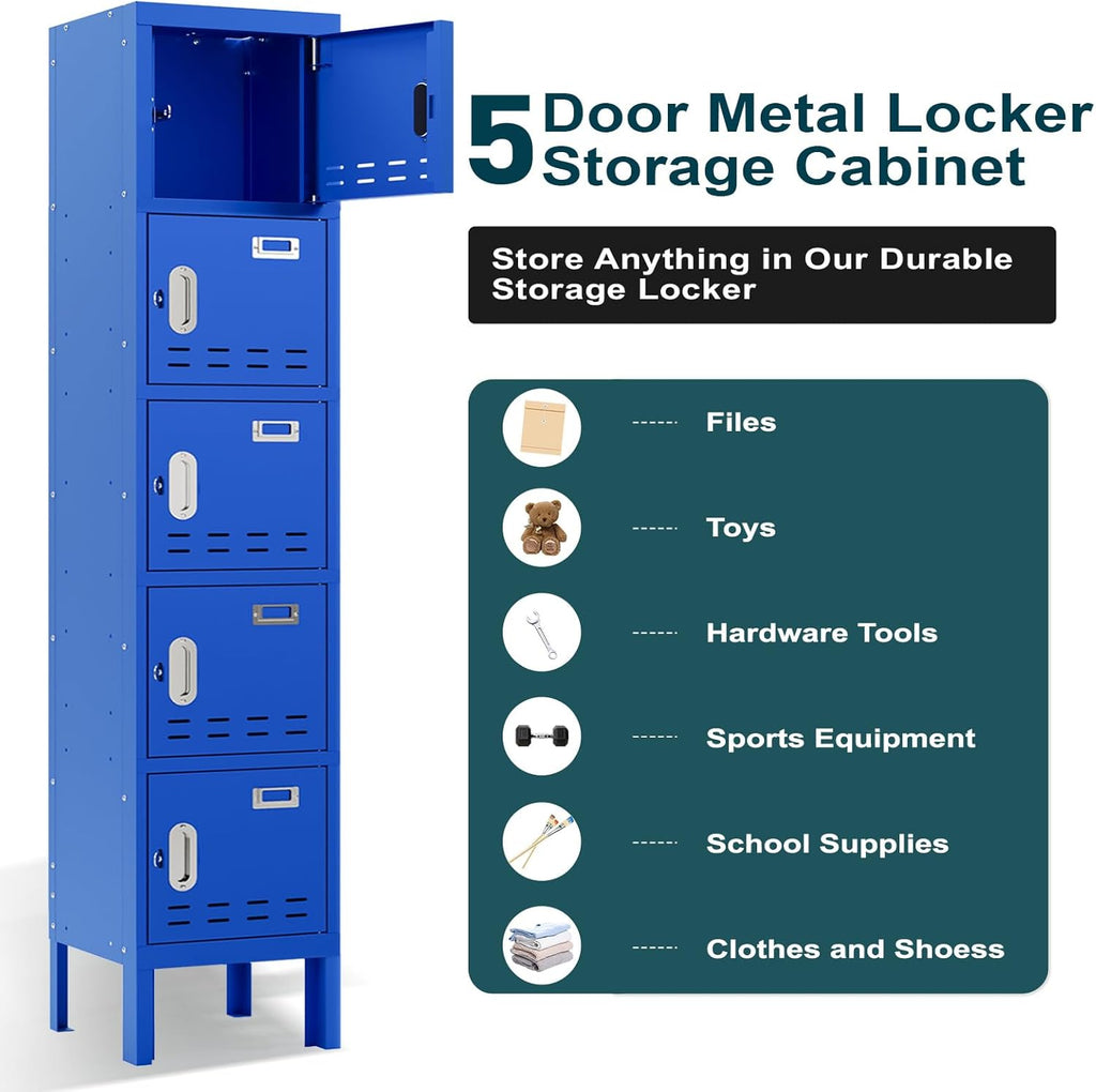 Metal Lockers - 66" Height Steel Lockers for Employees with 5 Door Storage Locker with Card Slot for Employees Gym School Home Office Garage - Assembly Required