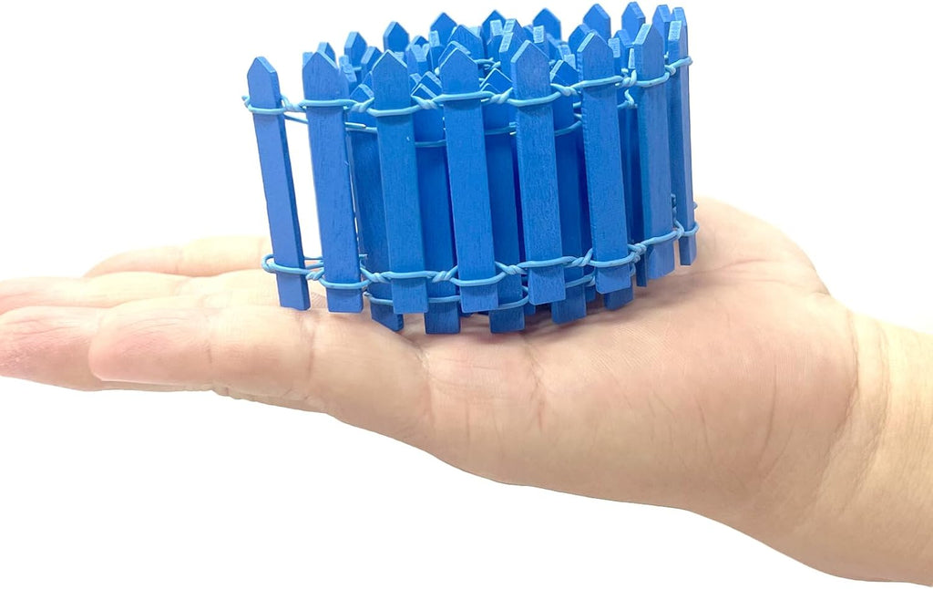 35 Inches Mini Fairy Garden Fence DIY Small Wood Decorative Picket Fence Micro Landscape Miniature Ornaments for Dollhouse, Crafts, Diorama Project, Plant Pot, Blue