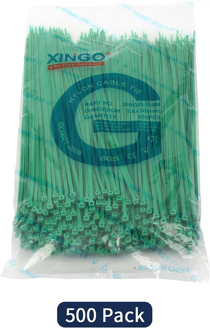 XINGO Nylon Cable Zip Ties Self Locking Plastic Wire Ties with 40 Lbs Tensile Strength for Indoor and Outdoor 12 Inch 500 Pack Green