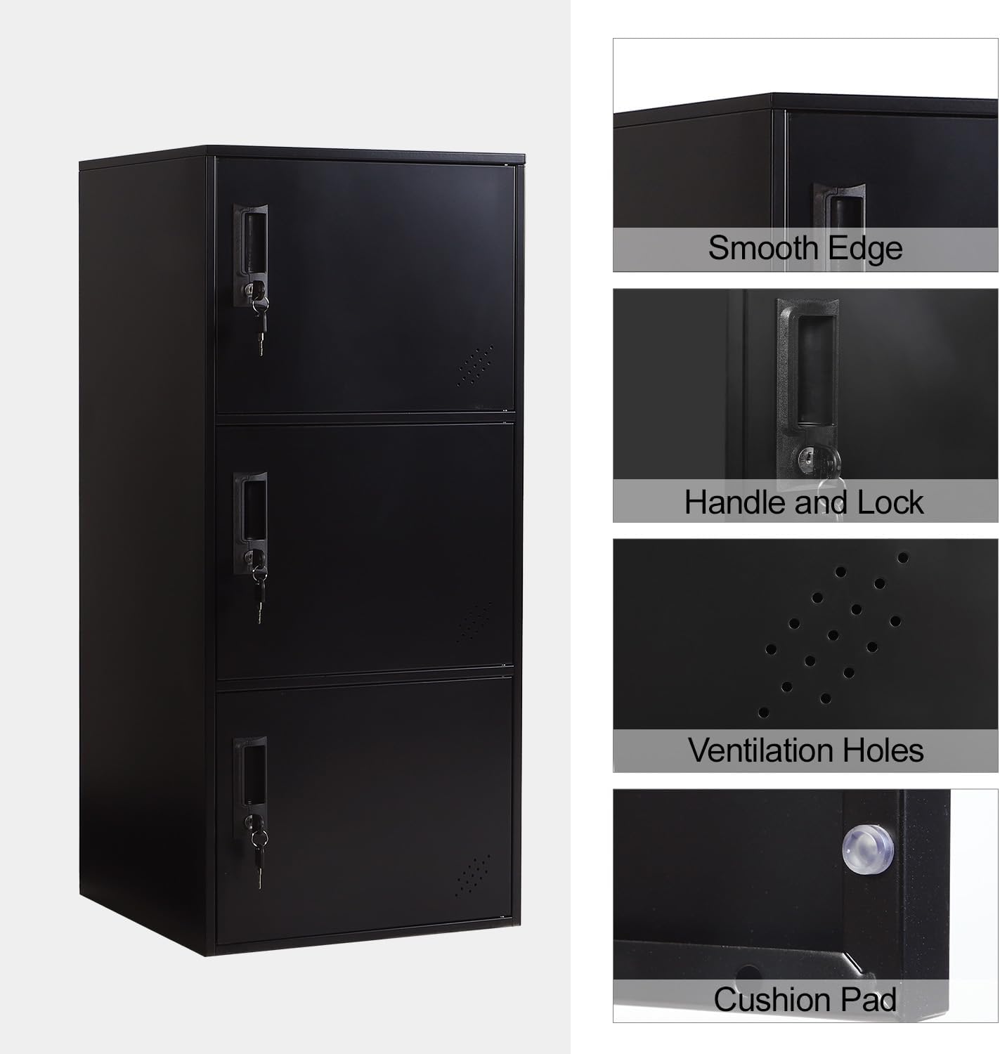 3 Door Metal Storage Locker Cabinet for Office, Home, Gym, School, Steel Cabinet to Storage File, Toys, Shoes and Sports Equipment, Locker Organizer for Gym Office Bedroom (3 Door, Black)