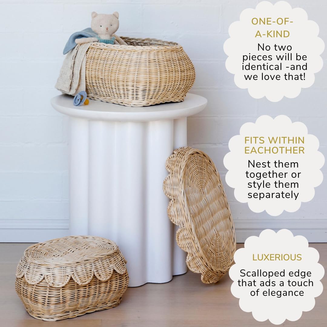 BEBE BASK The Original Scalloped Basket Set Of 2 – Small Scallop Basket - 15 x 10 x 6 In - Hand-Woven & Award-Winning - Elegant Wicker With Scalloped Edge Lid - Nursery Storage - (Natural)