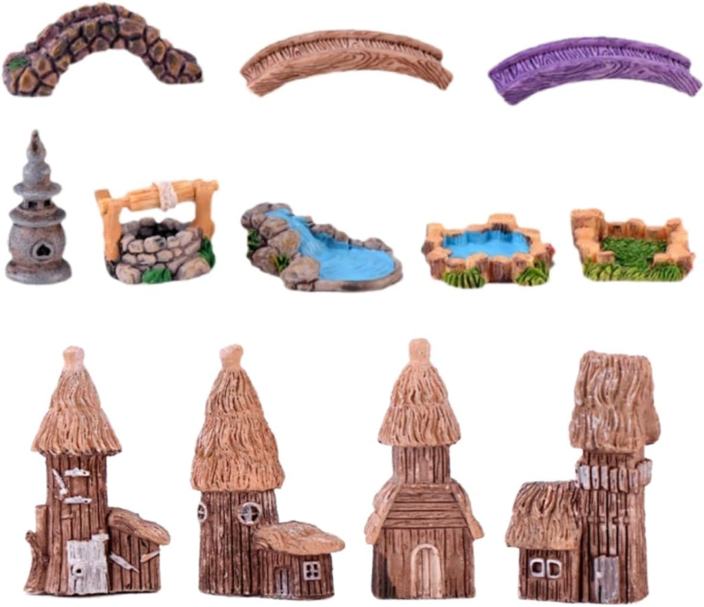 LONCESS Fairy Garden Accessories Miniature Tree House Bridge Mini Lighthouse Water Well Bridge Figurines Pond Lawn Ornament Figurines for DIY Craft Garden Decor,12 Peices