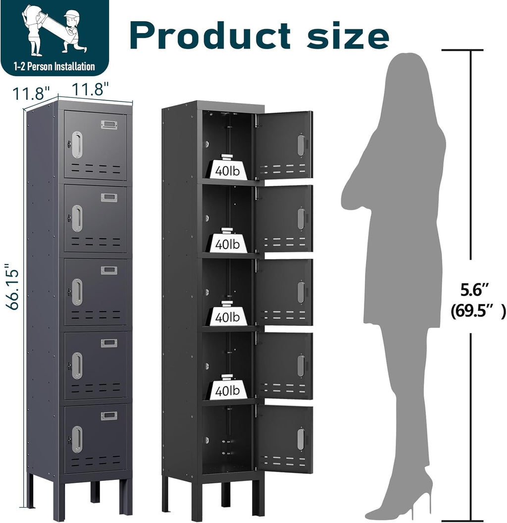 Metal Lockers - 66" Height Steel Lockers for Employees with 5 Door Storage Locker with Card Slot for Employees Gym School Home Office Garage - Assembly Required