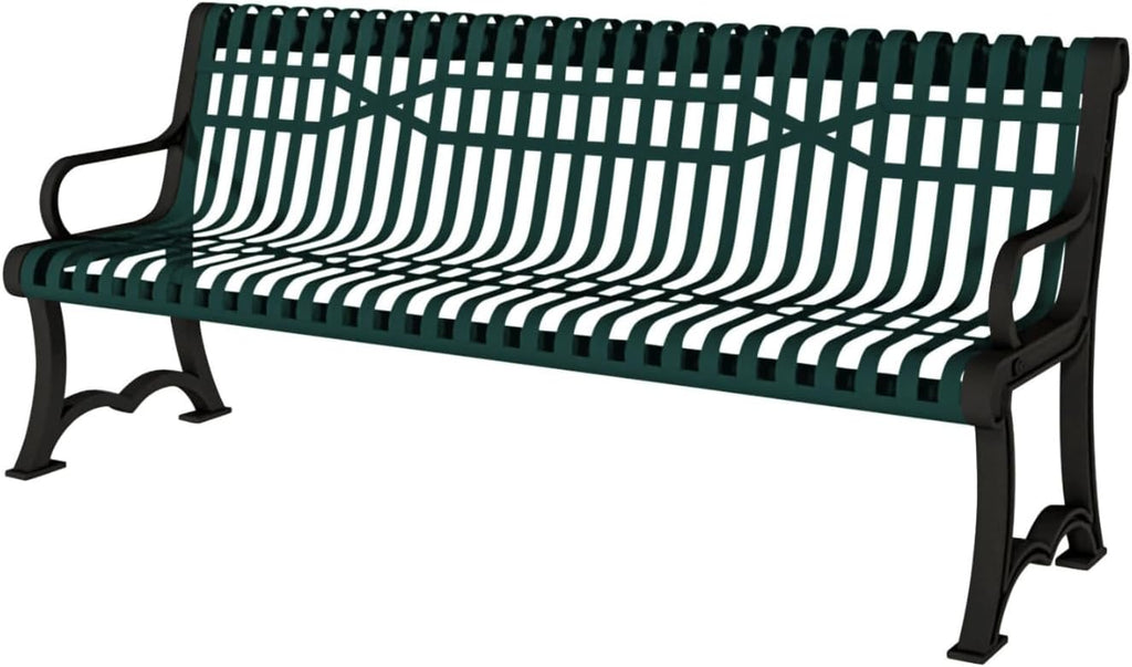 Coated Outdoor Furniture Heavy-Duty Outdoor Bench Thermoplastic Coated, Slatted Steel, Commercial-Grade Garden Bench, Made in America (Portable with Back, 4 Ft, Textured Green)