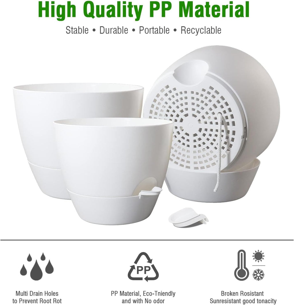 10/9/8 inch Self Watering Pots, Set of 3 Plastic Planters with Mesh Drainage Holes and Deep Reservoir for Indoor Outdoor Garden Plants and Flowers, White