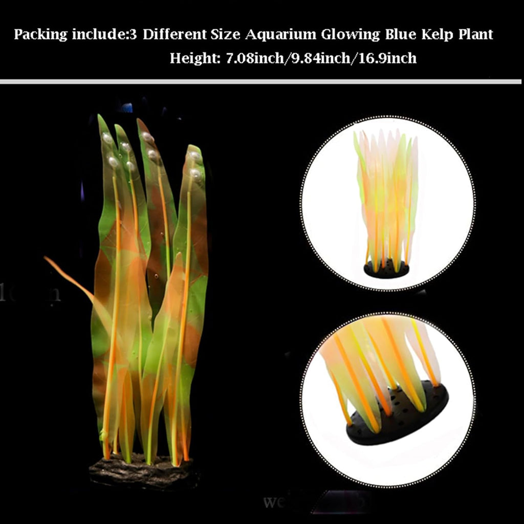 3Pcs Soft Silicone Aquarium Plants Set Glowing Kelp Fish Tank Plants Decor Artificial Orange Aquarium Plant Simulation Artificial Water Grass for Fish Tank,7.08in9.84in16.9in