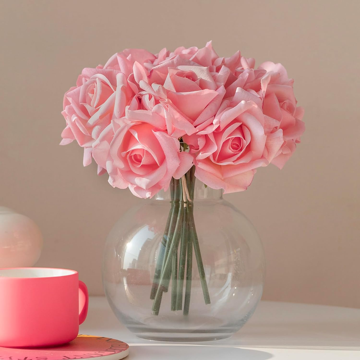 Artificial Roses Single Stem 10pcs Fake Silk Flower Arrangement Bouquet Real Touch for Home Party Wedding Decoration(Deep Pink)