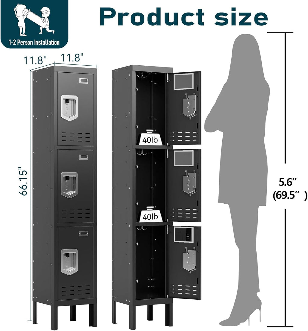 Metal Lockers - 66" Height Steel Lockers for Employees with 3 Door Storage Locker with Card Slot for Employees Gym School Home Office Garage - Assembly Required