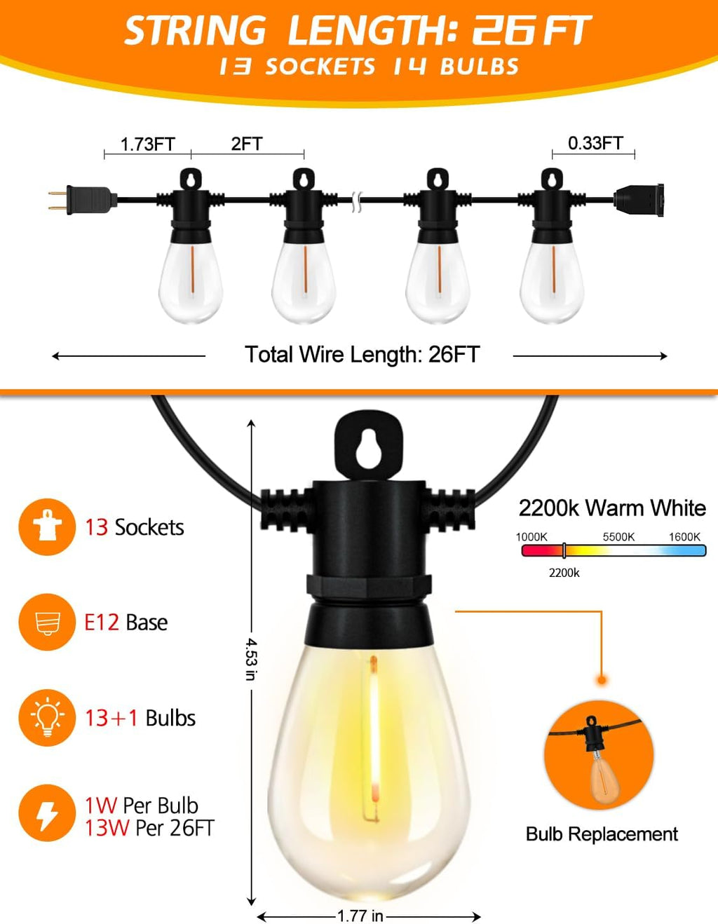 Achin 26FT LED Outdoor String Lights, Patio Lights Waterproof with 13+1 S14 Edison Shatterproof Bulbs, 2200K Dimmable Outside Hanging Lights, String Lights for Outside Backyard Bistro Market Pergola